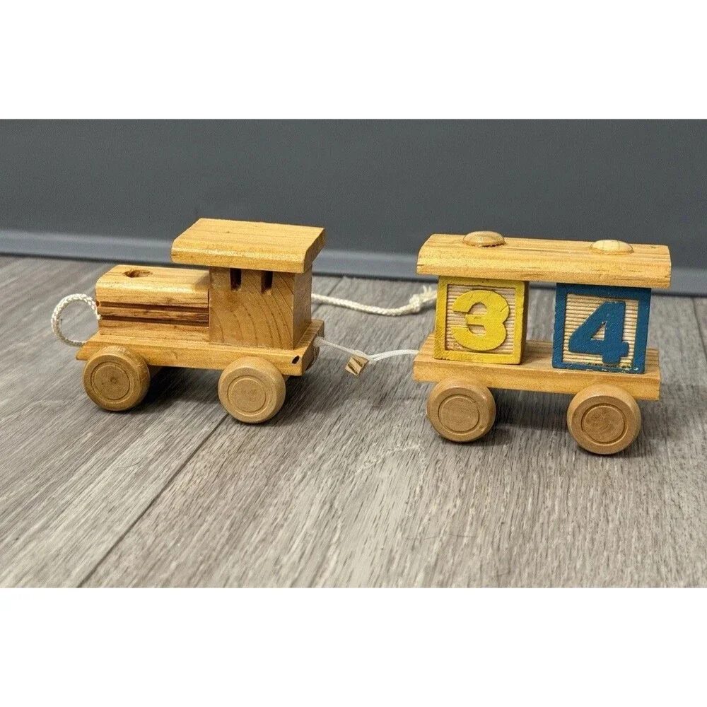 VINTAGE HAND MADE WOODEN TRAIN & CAR WITH BLOCKS STURDY Pull Toy